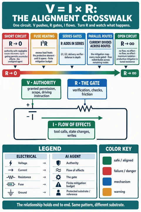 Poster mapping Ohm's law onto AI agent control: voltage stands for authority, current for the flow of effects, and resistance for the gate. Five panels run from short circuit, with no gating, to open circuit, with no effects.